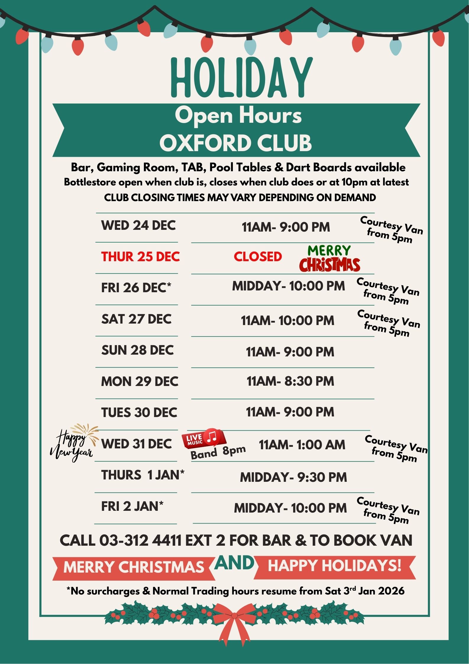 Bar Holiday Opening Hours 2025