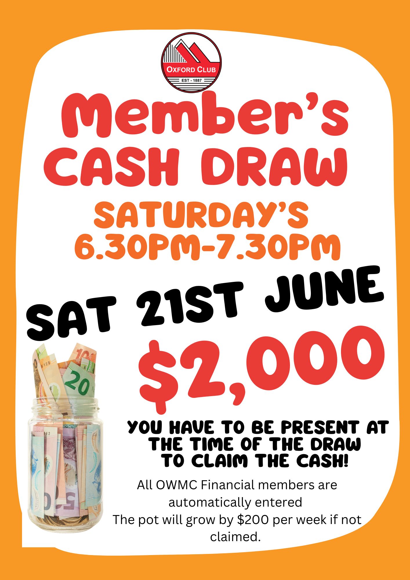 Members CASH DRAW Sat 21 June 25 2k
